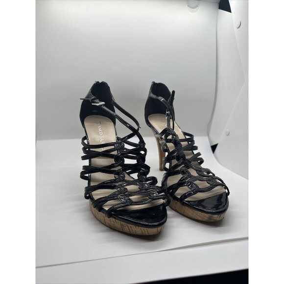 Franco Sarto Black Leather Viper Heels Size 10 Cork Bottom Strapped - Picture 1 of 5